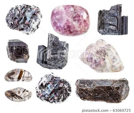 set of tourmaline minerals in rocks isolated 63069725