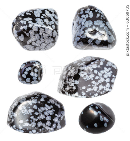 set of Snowflake Obsidian gemstones isolated 63069735