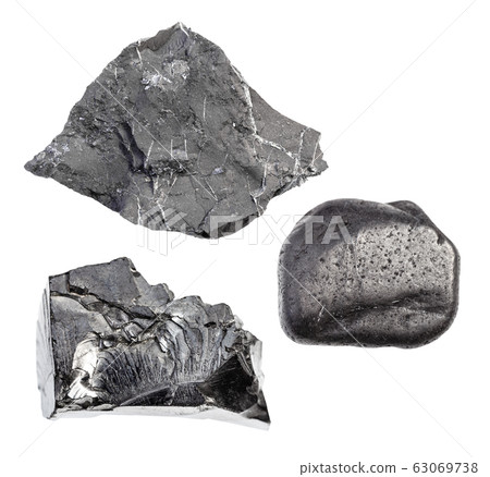 set of various Shungite rocks isolated on white 63069738