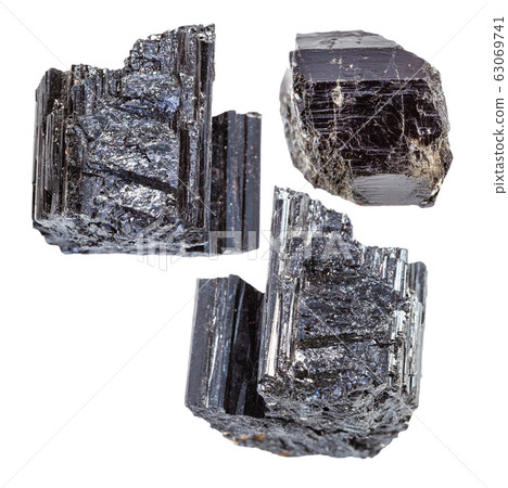 set of Schorl (black Tourmaline) crystals isolated set of Schorl (black Tourmaline) crystals isolated 63069741