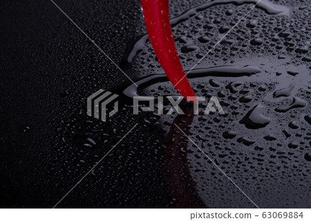 Capsicum annuum stays on black wet surface. Capsicum annuum stays on black wet surface. 63069884