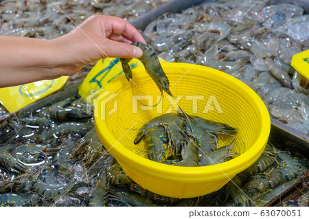A selection of fresh prowns on the seafood market to buy A selection of fresh prowns on the seafood market to buy 63070051