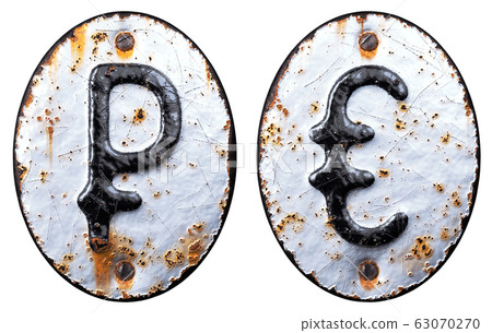 Set of symbols rouble and euro made of forged metal on the background fragment of a metal surface with cracked rust. Set of symbols rouble and euro made of forged metal on the background fragment of a metal surface with cracked rust. 63070270