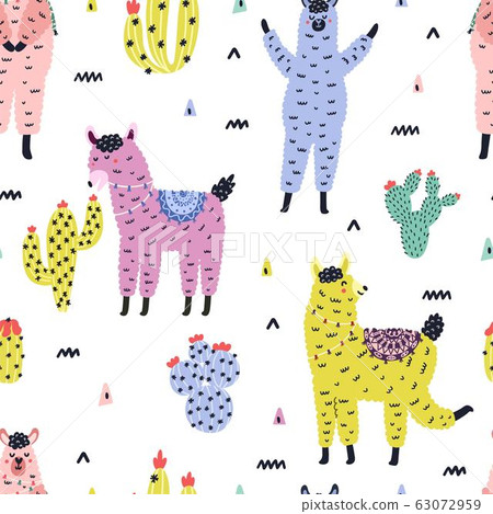 Seamless pattern with cute llamas and succulents in Scandinavian style Seamless pattern with cute llamas and succulents in Scandinavian style 63072959