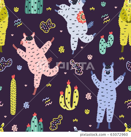 Colorful seamless pattern with funny llamas and cacti. Creative background with alpacas 63072960