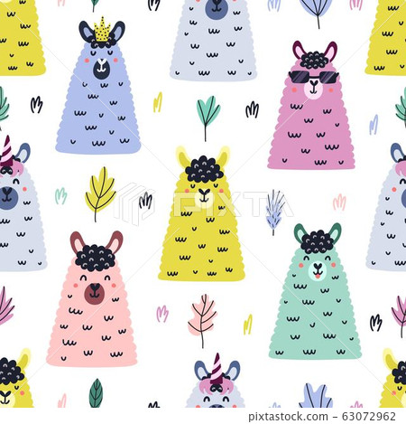 Funny llama faces seamless pattern. Bright background in Scandinavian style with cute lamas 63072962