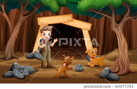Scene with scout kids hiking in the mine with dogs 63077291