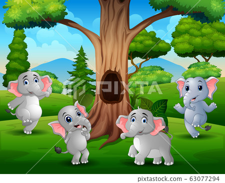 A group of elephant playing under the hollow tree landscape A group of elephant playing under the hollow tree landscape 63077294