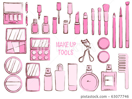 化妝工具時尚設置畫筆觸摸粉紅色的插圖 63077746