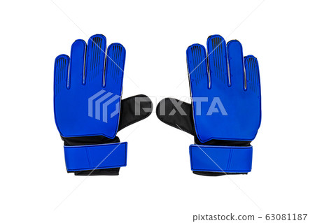 Blue goalkeeper glove isolated on white. Blue goalkeeper glove isolated on white. 63081187