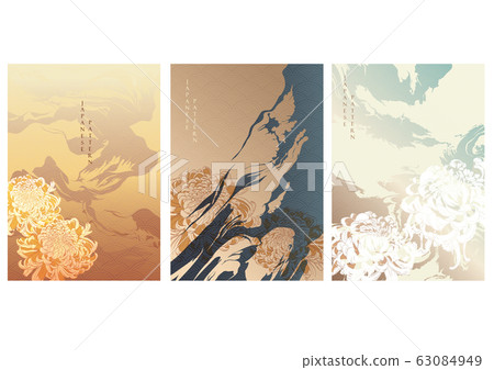 Japanese background with Chrysanthemum flower vector. Brush stroke elements with gradient vintage style. 63084949