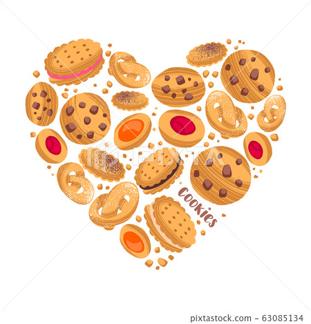 Yummy cookies hand drawn pattern heart shape. Homemade pastry. 63085134