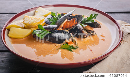Food banner. Mussels and fried potatoes 63087934