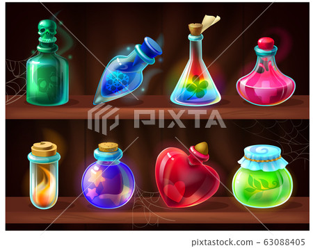 Potion bottles. Game alchemist liquids on wooden shelf, cartoon love potion, poison, magic elixir. Vector set of fantasy game chemical jars 63088405