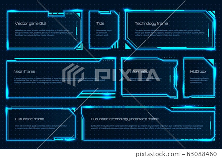 HUD game element. Futuristic tech screen template with text messages, warning technology frame. Vector attention hologram 63088460