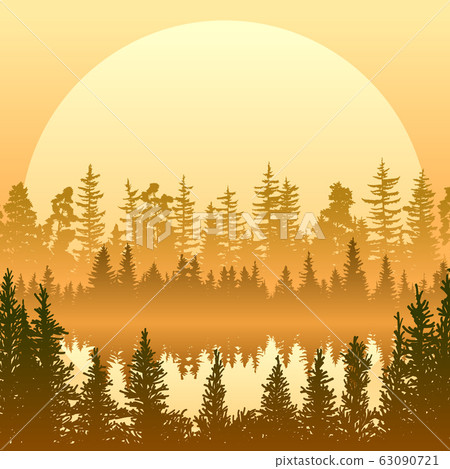 Square illustration of sunset with a lake in the middle of the forest. 63090721