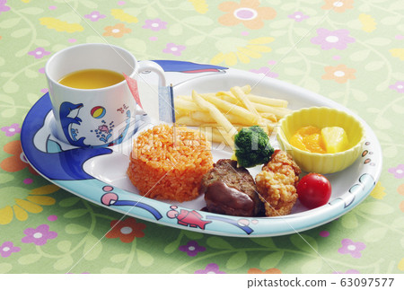 Kids' lunch, kids' plate: chicken rice, fried chicken, and french fries. Kids' menu. Image material. Kids' lunch, kids' plate: chicken rice, fried chicken, and french fries. Kids' menu. Image material. 63097577