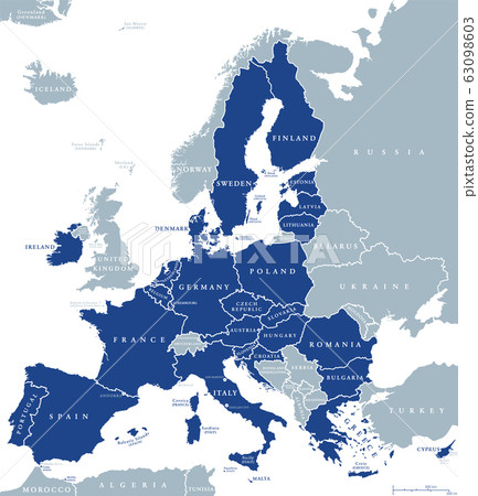 Map of European Union member states after Brexit, English labeling. 27 EU member states, after United Kingdom left. Special member state territories are not included in the map. Illustration. Vector. 63098603