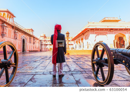 Jaipur City Palace Guard in his traditonal uniform, India 63100054