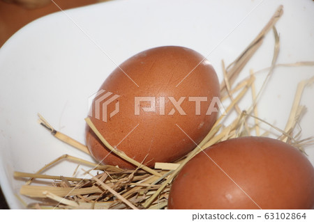 Two natural chicken hen brown eggs in a hay, nautral healthy food concept Two natural chicken hen brown eggs in a hay, nautral healthy food concept 63102864