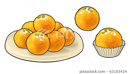 Indian traditional sweets Ladoo in plate. Vector flat illustration 63103424