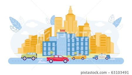 Bank Building in Cityscape with Skyscrapers Flat. Bank Building in Cityscape with Skyscrapers Flat. 63103491