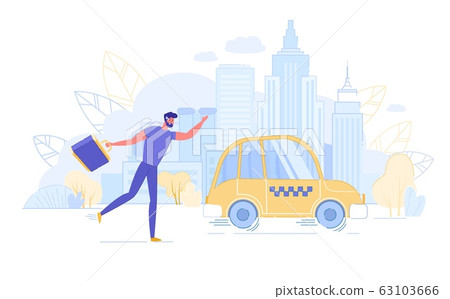 Young Man with Suitcase Running to Get Taxi Car. Young Man with Suitcase Running to Get Taxi Car. 63103666