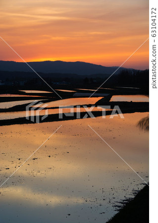 水稻種植前在稻田中反映出的日落 63104172
