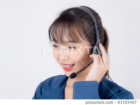 Beautiful portrait young asian business woman customer service job call center in headset isolated 63105407