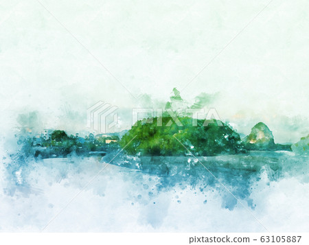 Colorful beautiful green field landscape and tree in morning at Thailand on watercolor illustration painting background. Colorful beautiful green field landscape and tree in morning at Thailand on watercolor illustration painting background. 63105887