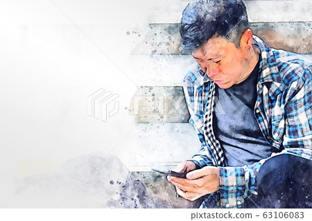 enior homeless man on walking street watercolor illustration painting background. 63106083