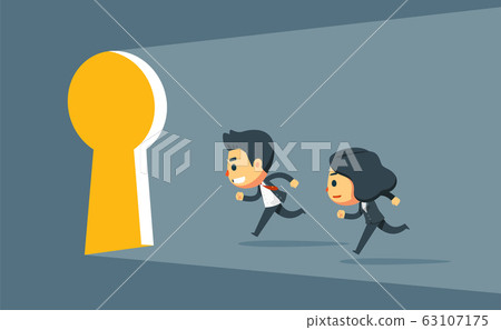 A man and woman running to a keyhole. 63107175