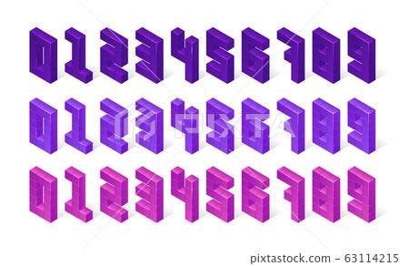 Isometric purple numbers made of 3d cubes, signs Isometric purple numbers made of 3d cubes, signs 63114215