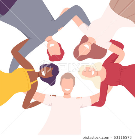 Group of Happy People Embracing Together in Circle, Low Angle View Flat Vector Illustration Group of Happy People Embracing Together in Circle, Low Angle View Flat Vector Illustration 63116573