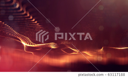 3d rendering background of microworld or sci-fi theme with glowing particles form curved lines, 3d surfaces, grid structures with depth of field, bokeh. Golden red wave forms 3d rendering background of microworld or sci-fi theme with glowing particles form curved lines, 3d surfaces, grid structures with depth of field, bokeh. Golden red wave forms 63117188