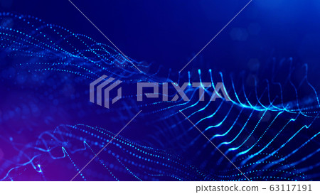 3d rendering background of microworld or sci-fi theme with glowing particles form curved lines, 3d surfaces, grid structures with depth of field, bokeh. Deep blue wave forms 63117191