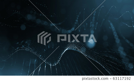 3d rendering background of microworld or sci-fi theme with glowing particles form curved lines, 3d surfaces, grid structures with depth of field, bokeh. Deep blue wave forms 63117192