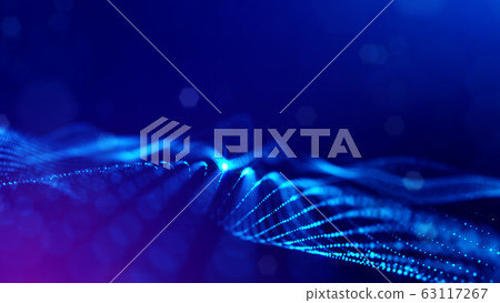 3d rendering background of microworld or sci-fi theme with glowing particles form curved lines, 3d surfaces, grid structures with depth of field, bokeh. Deep blue wave forms 63117267