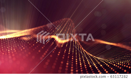 3d rendering background of microworld or sci-fi theme with glowing particles form curved lines, 3d surfaces, grid structures with depth of field, bokeh. Golden red wave forms 63117282