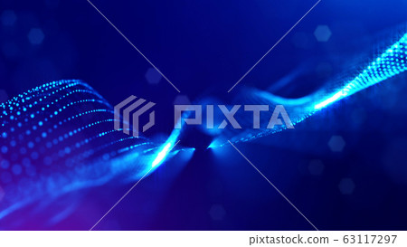 3d rendering background of microworld or sci-fi theme with glowing particles form curved lines, 3d surfaces, grid structures with depth of field, bokeh. Deep blue wave forms 3d rendering background of microworld or sci-fi theme with glowing particles form curved lines, 3d surfaces, grid structures with depth of field, bokeh. Deep blue wave forms 63117297