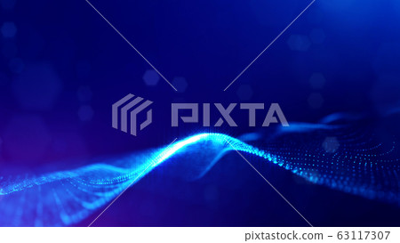 3d rendering background of microworld or sci-fi theme with glowing particles form curved lines, 3d surfaces, grid structures with depth of field, bokeh. Deep blue wave forms 63117307
