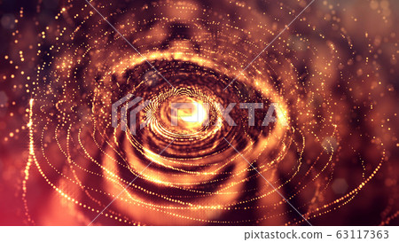 3d rendering background of microworld or sci-fi theme with glowing particles form curved lines, 3d surfaces, grid structures with depth of field, bokeh. Golden red wave round forms 63117363