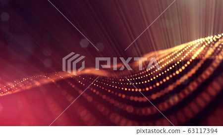 3d rendering background of microworld or sci-fi theme with glowing particles form curved lines, 3d surfaces, grid structures with depth of field, bokeh. Golden red wave forms 3d rendering background of microworld or sci-fi theme with glowing particles form curved lines, 3d surfaces, grid structures with depth of field, bokeh. Golden red wave forms 63117394