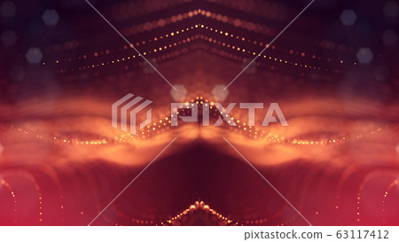 3d rendering background of microworld or sci-fi theme with glowing particles form curved lines, 3d surfaces, grid structures with depth of field, bokeh. Golden red wave symmetric forms 63117412