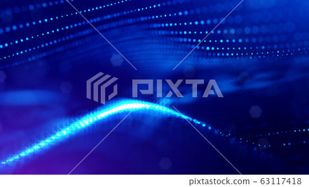 3d rendering background of microworld or sci-fi theme with glowing particles form curved lines, 3d surfaces, grid structures with depth of field, bokeh. Deep blue wave forms 3d rendering background of microworld or sci-fi theme with glowing particles form curved lines, 3d surfaces, grid structures with depth of field, bokeh. Deep blue wave forms 63117418