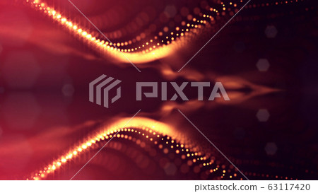 3d rendering background of microworld or sci-fi theme with glowing particles form curved lines, 3d surfaces, grid structures with depth of field, bokeh. Golden red wave symmetric forms 3d rendering background of microworld or sci-fi theme with glowing particles form curved lines, 3d surfaces, grid structures with depth of field, bokeh. Golden red wave symmetric forms 63117420