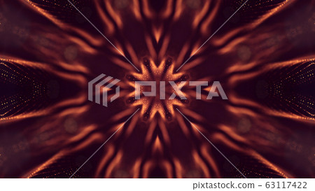 3d rendering background of microworld or sci-fi theme with glowing particles form curved lines, 3d surfaces, grid structures with depth of field, bokeh. Golden red wave star symmetric forms 63117422