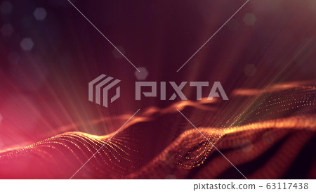 3d rendering background of microworld or sci-fi theme with glowing particles form curved lines, 3d surfaces, grid structures with depth of field, bokeh. Golden red wave forms 63117438