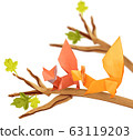 Curious couple origami cartoon squirrels on a branch on a white 63119203