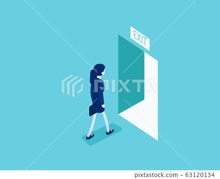 Woman walking to the exit through an open door. Woman walking to the exit through an open door. 63120134